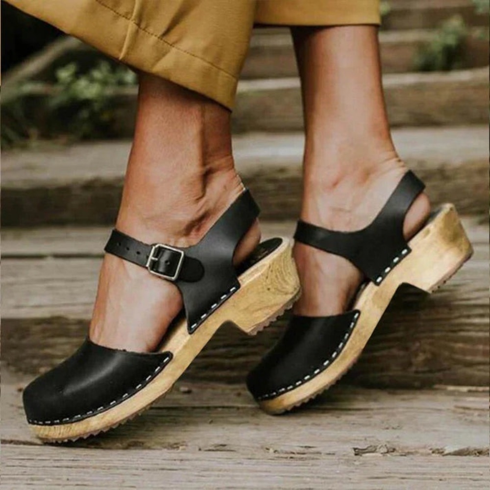 MIA Black Leather Mules with Wooden Heel